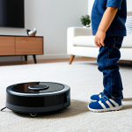 A sleek robot vacuum cleaner gently maneuvering around a young child and a small cat playing in a bright, modern living room, showcasing advanced collision avoidance sensors. The child is fully clothed in comfortable play attire. The scene emphasizes safety and harmony, with natural light filling the space. The robot moves smoothly and quietly. soft lighting, high resolution, perfect anatomy, correct proportions, natural pose, well-formed hands, proper finger count, natural body proportions, safe for work, appropriate content, fully clothed, family-friendly.