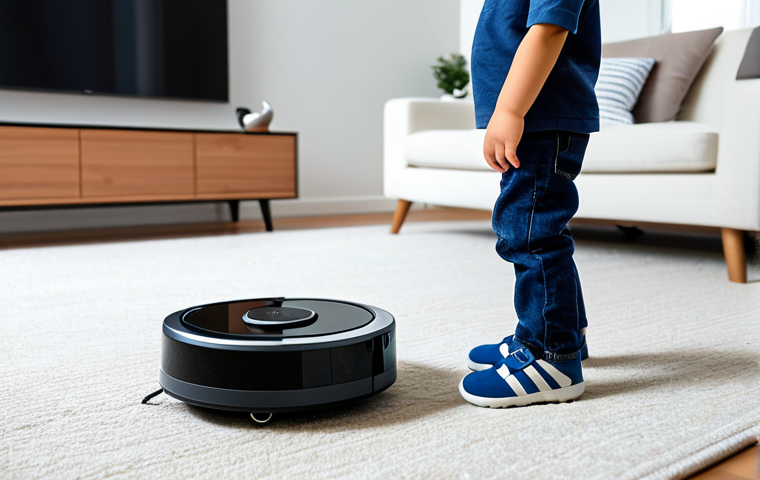A sleek robot vacuum cleaner gently maneuvering around a young child and a small cat playing in a bright, modern living room, showcasing advanced collision avoidance sensors. The child is fully clothed in comfortable play attire. The scene emphasizes safety and harmony, with natural light filling the space. The robot moves smoothly and quietly. soft lighting, high resolution, perfect anatomy, correct proportions, natural pose, well-formed hands, proper finger count, natural body proportions, safe for work, appropriate content, fully clothed, family-friendly.