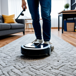 **

"A modern apartment interior featuring a robot vacuum cleaner navigating around furniture, fully clothed, appropriate content, safe for work, perfect anatomy, natural proportions, professional, modest, family-friendly. The robot is skillfully maneuvering through tight spaces, avoiding obstacles like pet toys and cables. Focus on efficient movement and obstacle avoidance capabilities. Well-lit scene, showcasing the robot's agility. The room includes a carpet and hardwood floor transition. Fully clothed, modest decor."

**