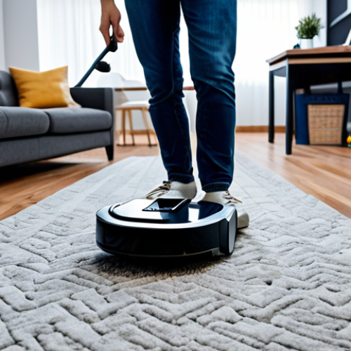 **

"A modern apartment interior featuring a robot vacuum cleaner navigating around furniture, fully clothed, appropriate content, safe for work, perfect anatomy, natural proportions, professional, modest, family-friendly. The robot is skillfully maneuvering through tight spaces, avoiding obstacles like pet toys and cables. Focus on efficient movement and obstacle avoidance capabilities. Well-lit scene, showcasing the robot's agility. The room includes a carpet and hardwood floor transition. Fully clothed, modest decor."

**