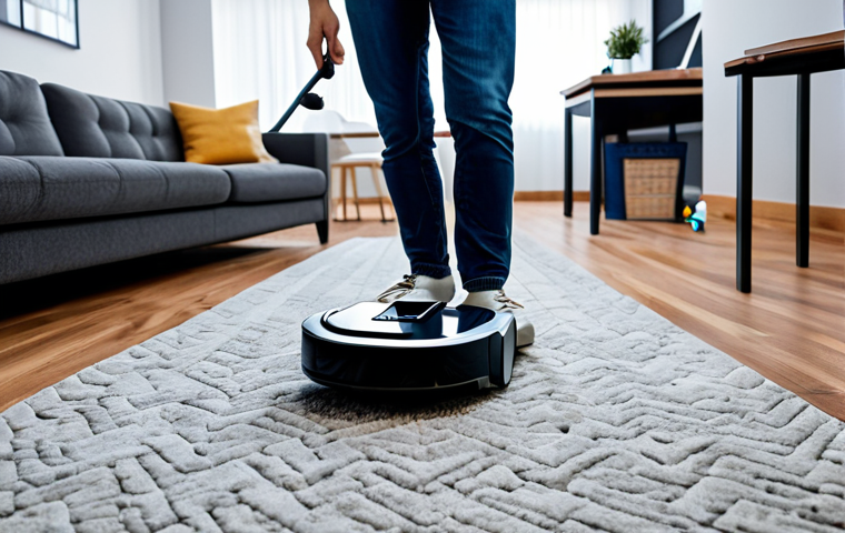 **

"A modern apartment interior featuring a robot vacuum cleaner navigating around furniture, fully clothed, appropriate content, safe for work, perfect anatomy, natural proportions, professional, modest, family-friendly. The robot is skillfully maneuvering through tight spaces, avoiding obstacles like pet toys and cables. Focus on efficient movement and obstacle avoidance capabilities. Well-lit scene, showcasing the robot's agility. The room includes a carpet and hardwood floor transition. Fully clothed, modest decor."

**